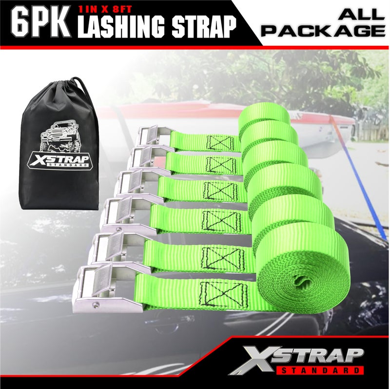 XSTRAP STANDARD Cam Buckle Straps 6PK 8FT Powersports Tie-Downs 1-Inch Green Lashing Straps with Carry Bag, Best for Securing Cargo, Luggage, Kayak - Image 2